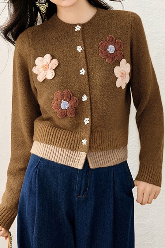 Eleganter Retro 3D Blumen Strick Cardigan