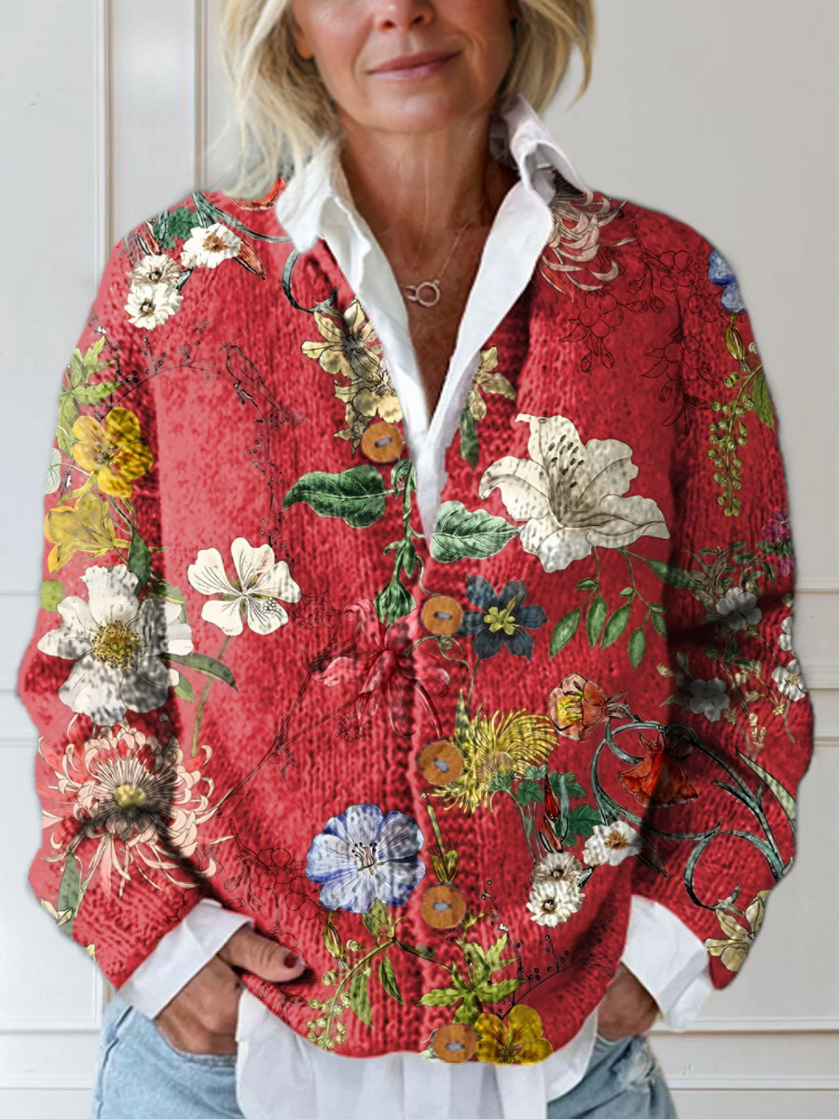 Damen Vintage Floral Art Print Knopf-Cardigan Pullover