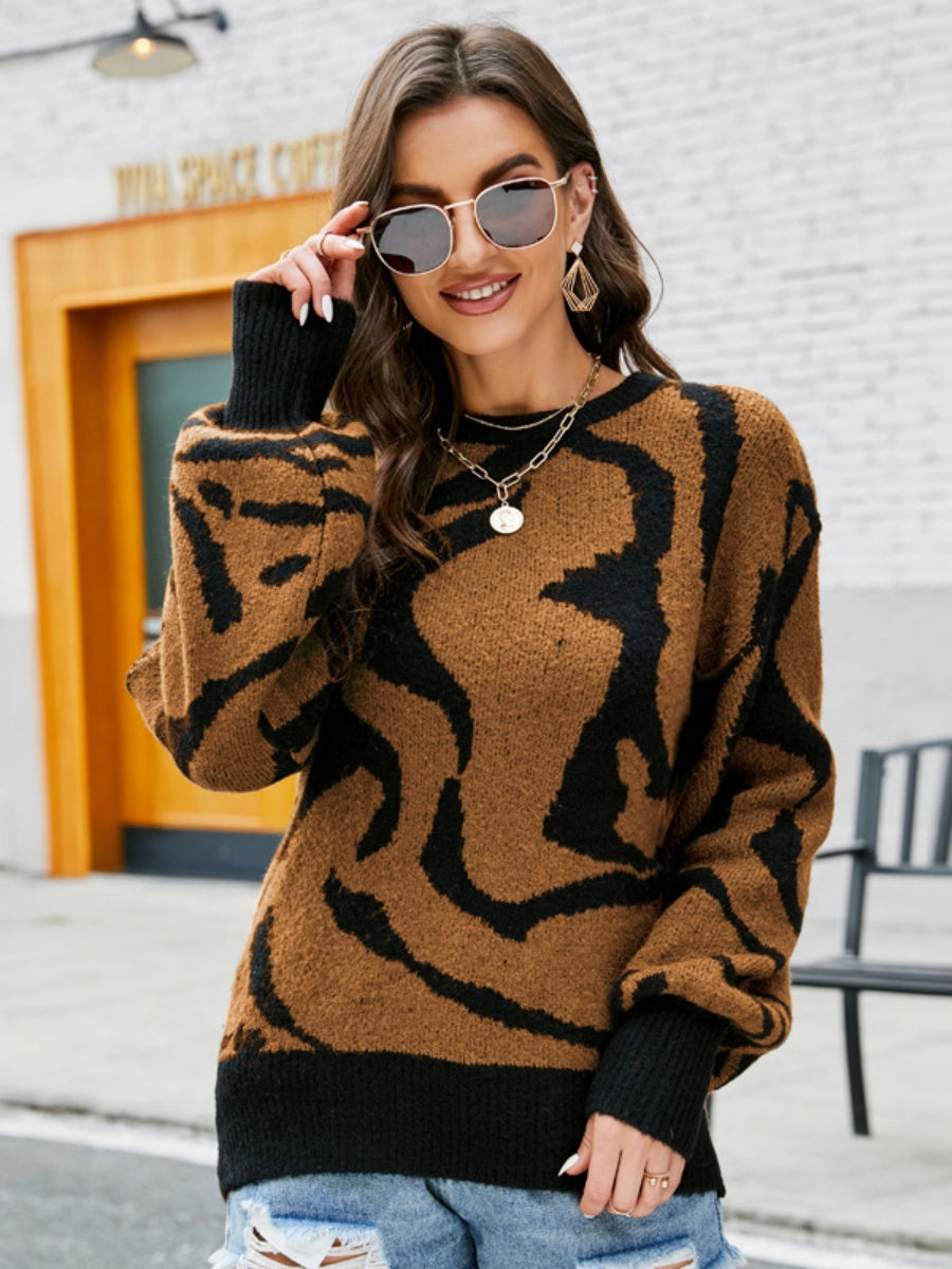 Liber Autumn Damen Kontrastfarben Zebra Druck Pullover Langarm Rundhalskurzoberteil