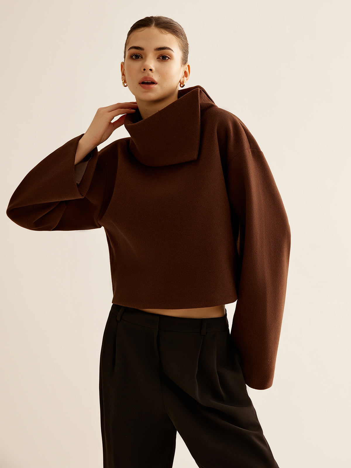 Einfarbiger Rollkragen-Tweed-Top