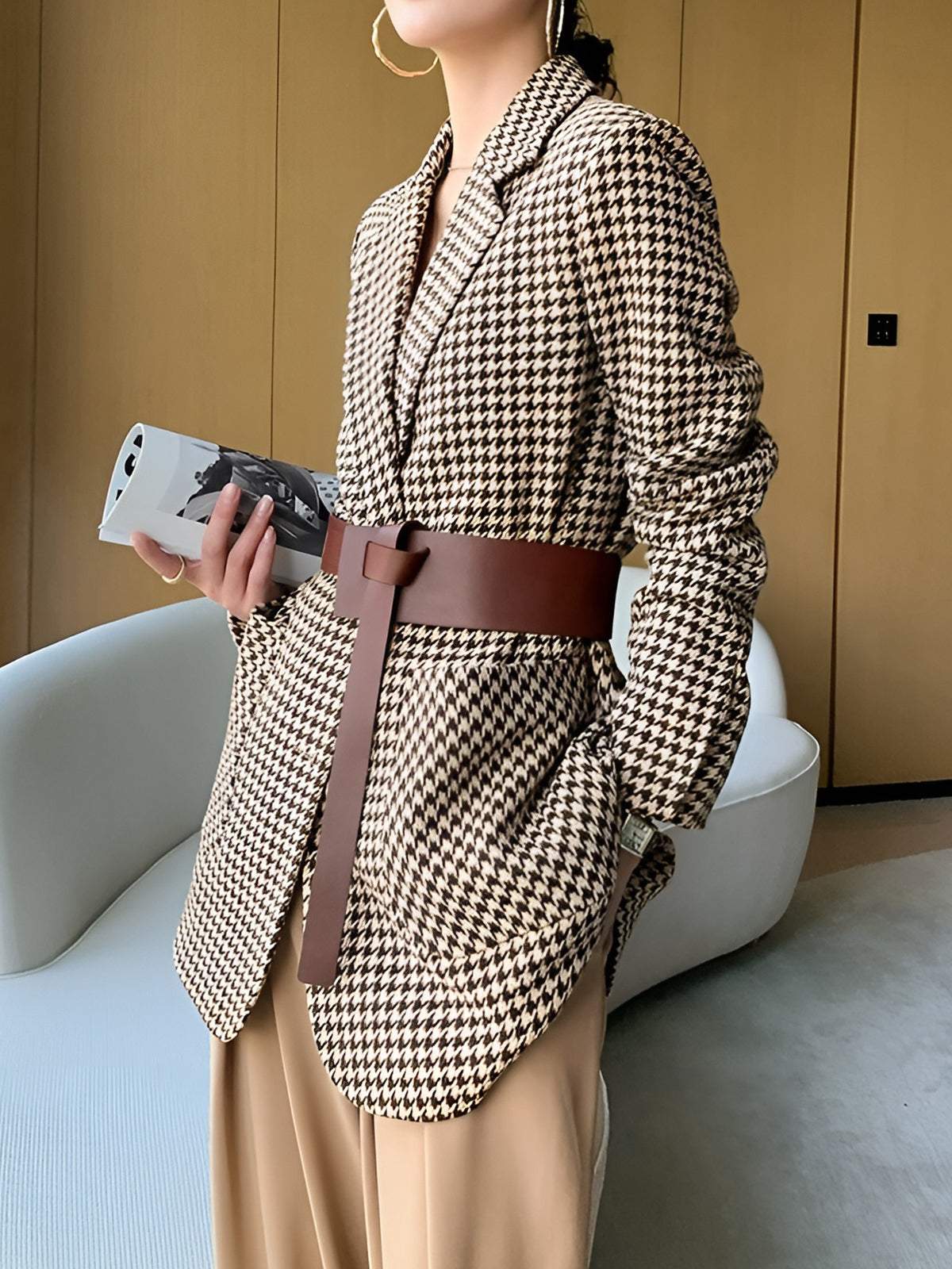 Hahnentritt Split Blazer Mit Gürtel