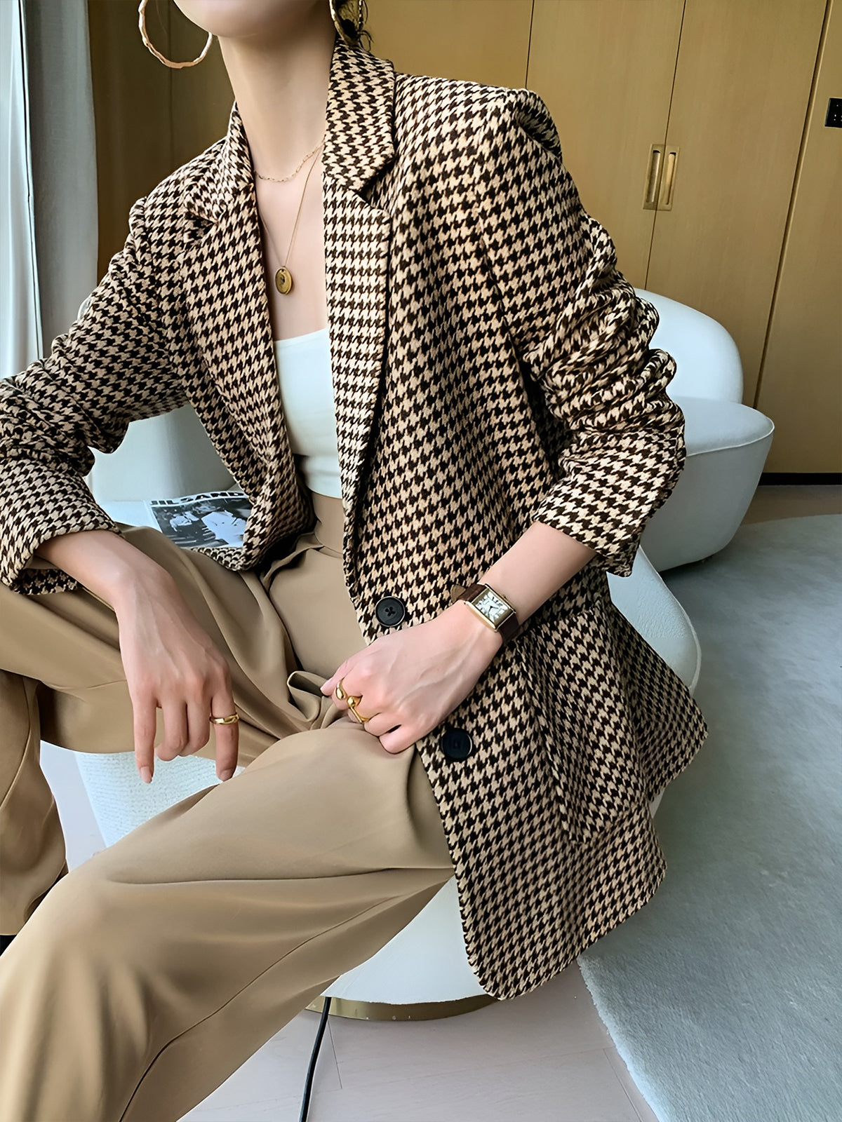 Hahnentritt Split Blazer Mit Gürtel