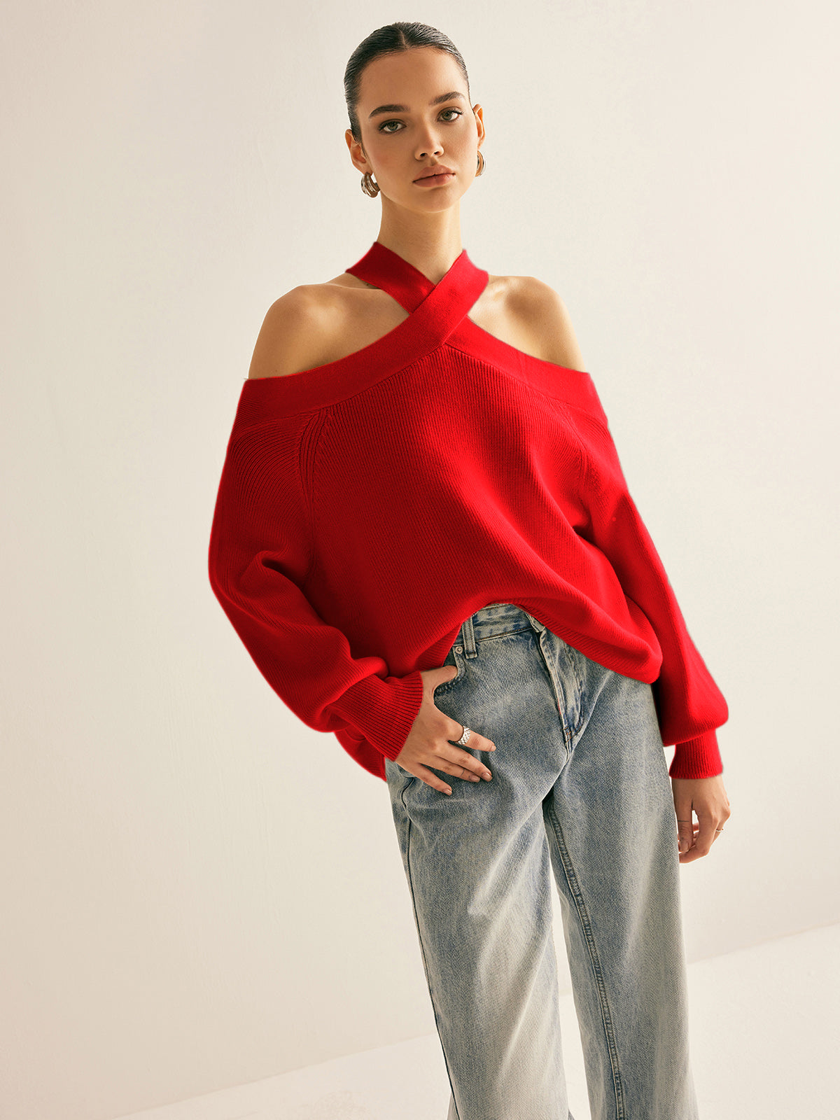 Kreuzkragen Cold-Shoulder Pullover