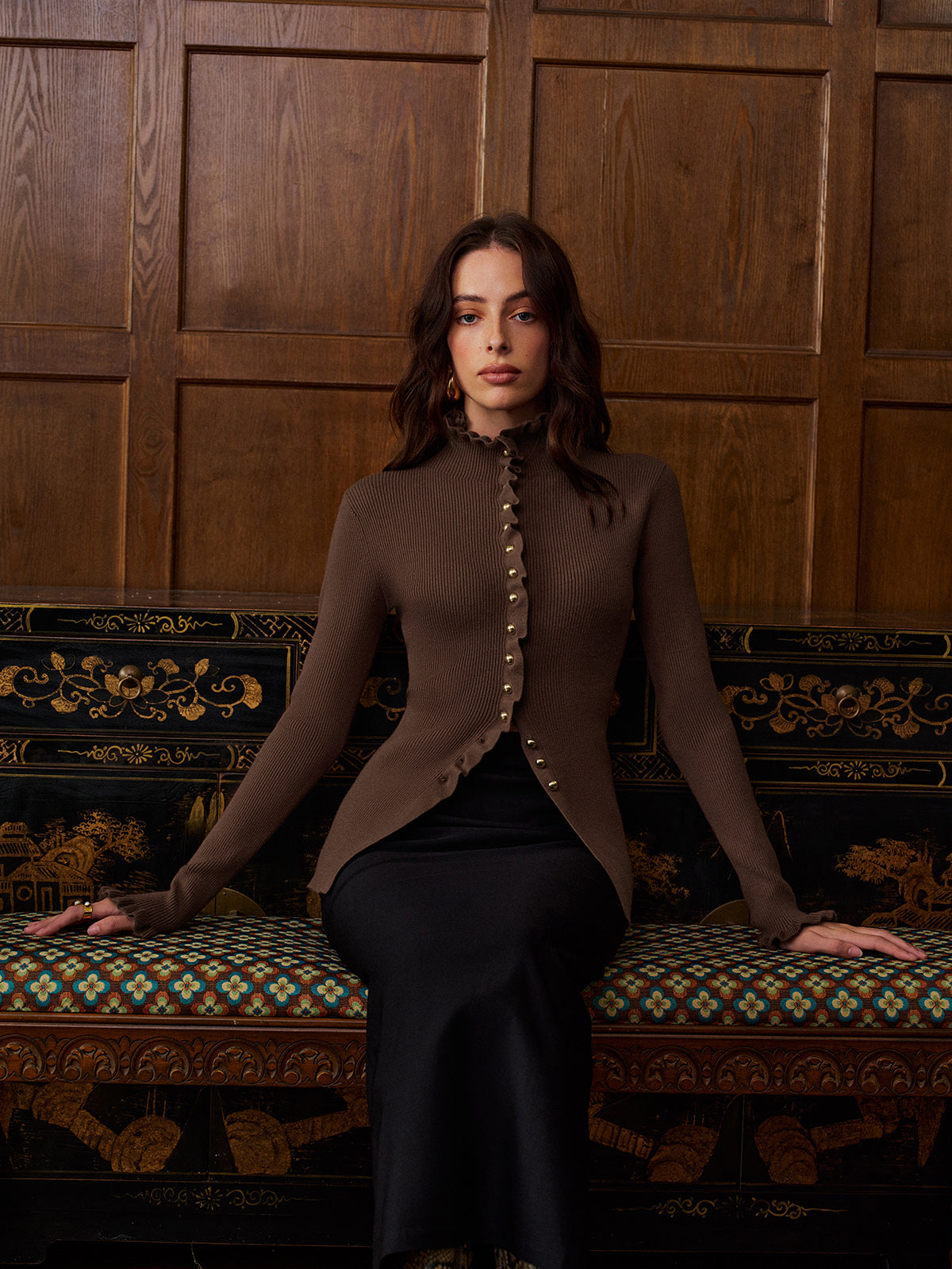 Kariertes Metallknopf-Cardigan mit Schlitz