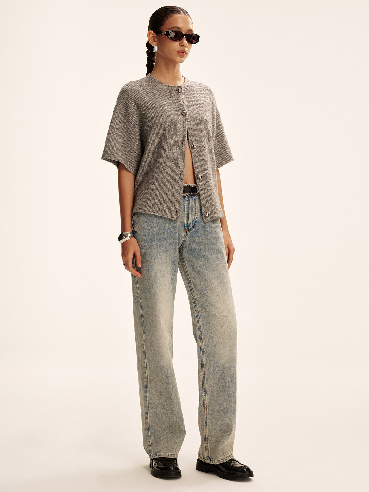 Wollmischung Kurzarm-Cardigan