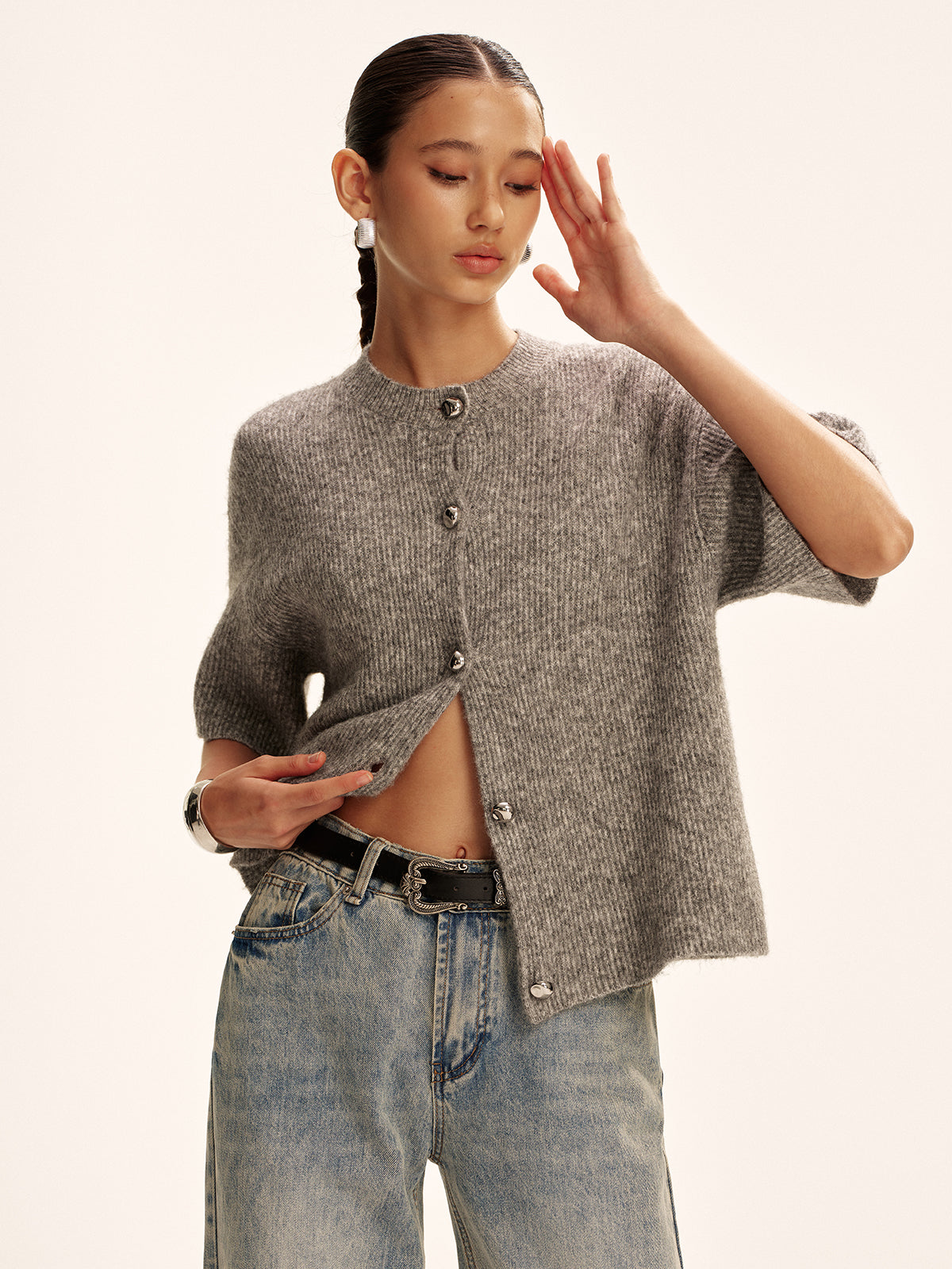 Wollmischung Kurzarm-Cardigan