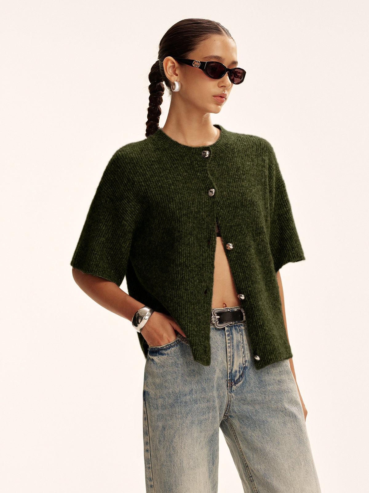 Wollmischung Kurzarm-Cardigan
