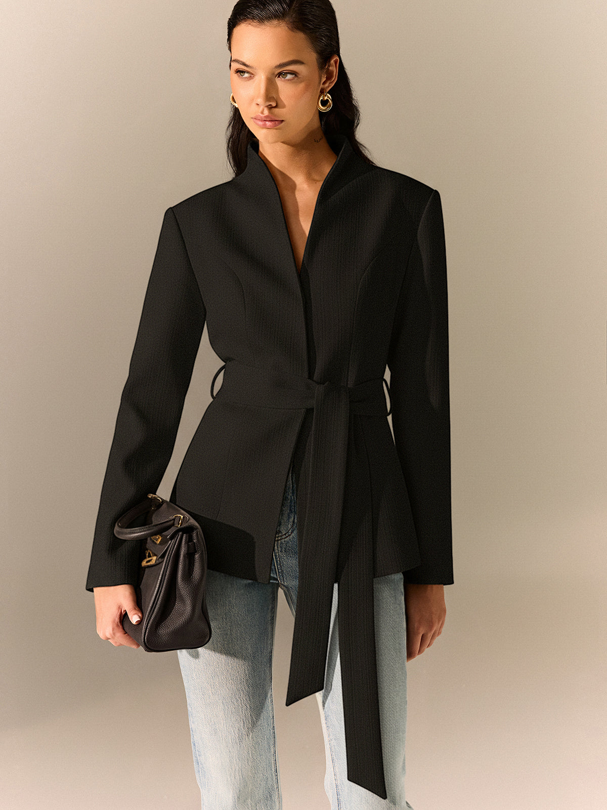 Stehkragen Gürtel Langarm Blazer