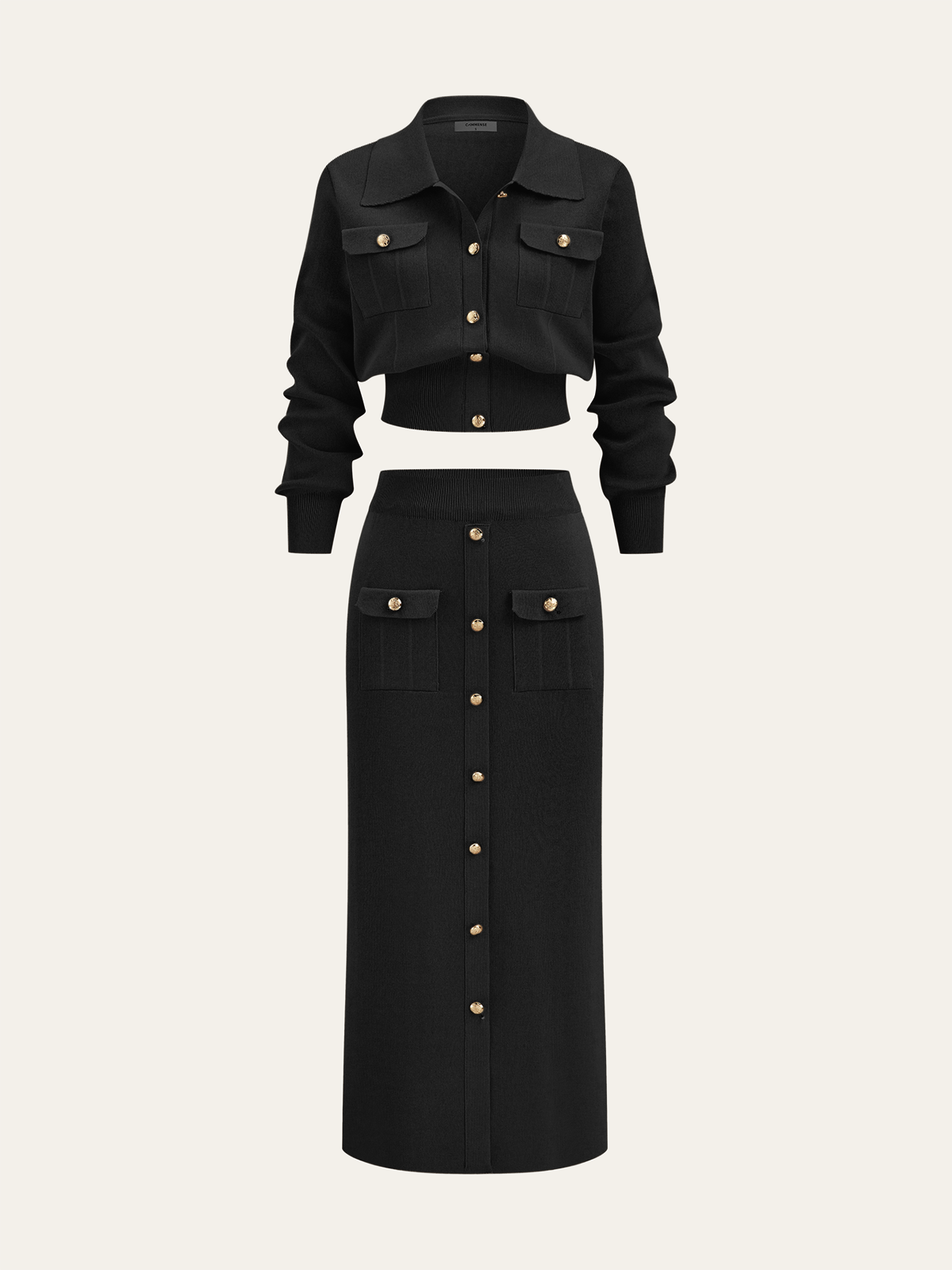 Metallknopf-Geschlossener Cardigan und Midi-Rock Set