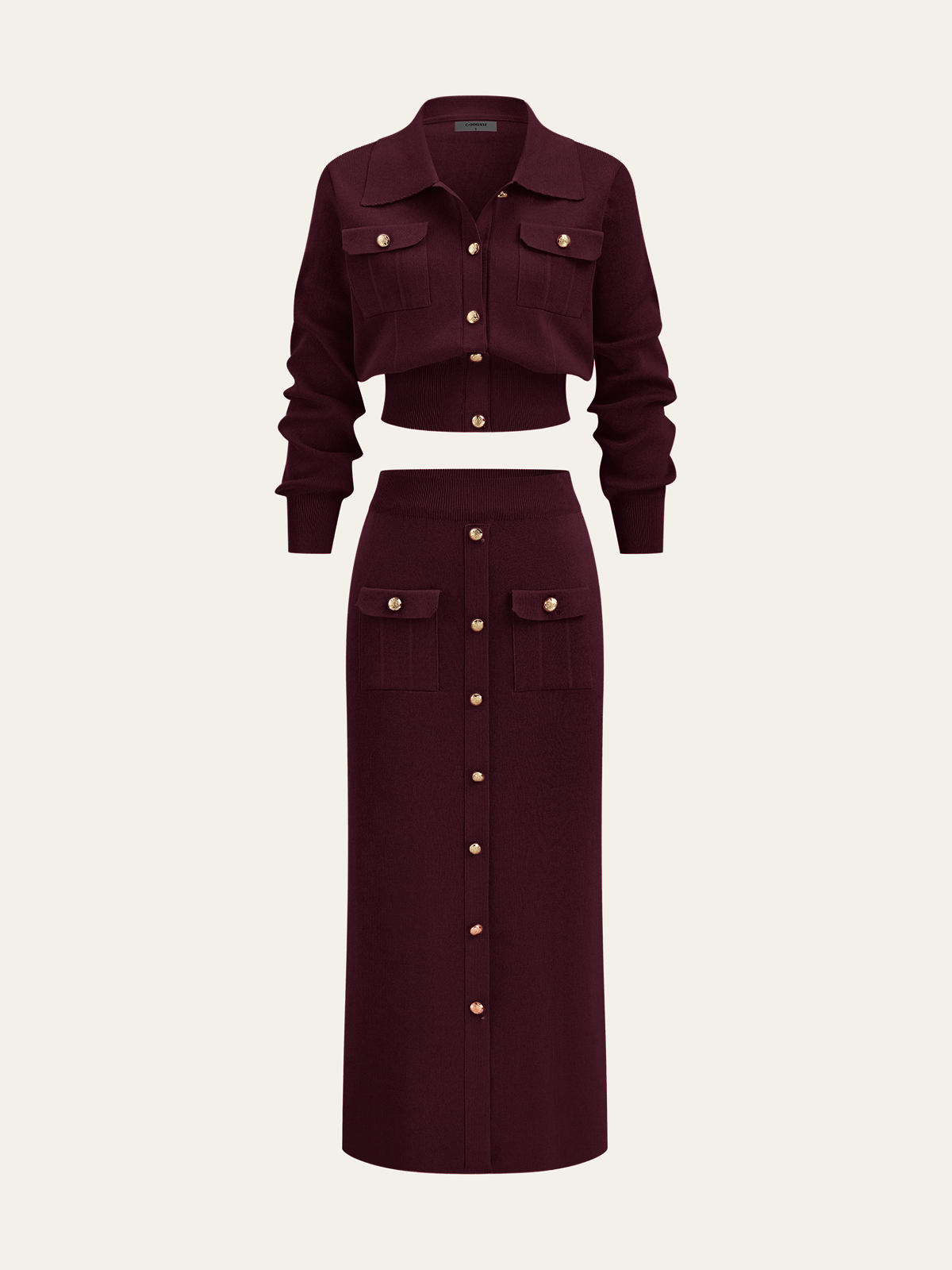 Metallknopf-Geschlossener Cardigan und Midi-Rock Set