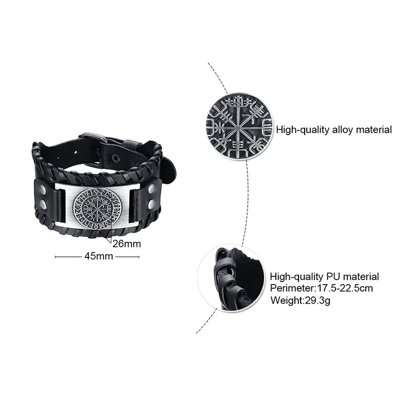 Viking Leder Wickelarmband für Männer - Rock Punk Kompassanhänger, verstellbare Länge Handgelenkschmuck