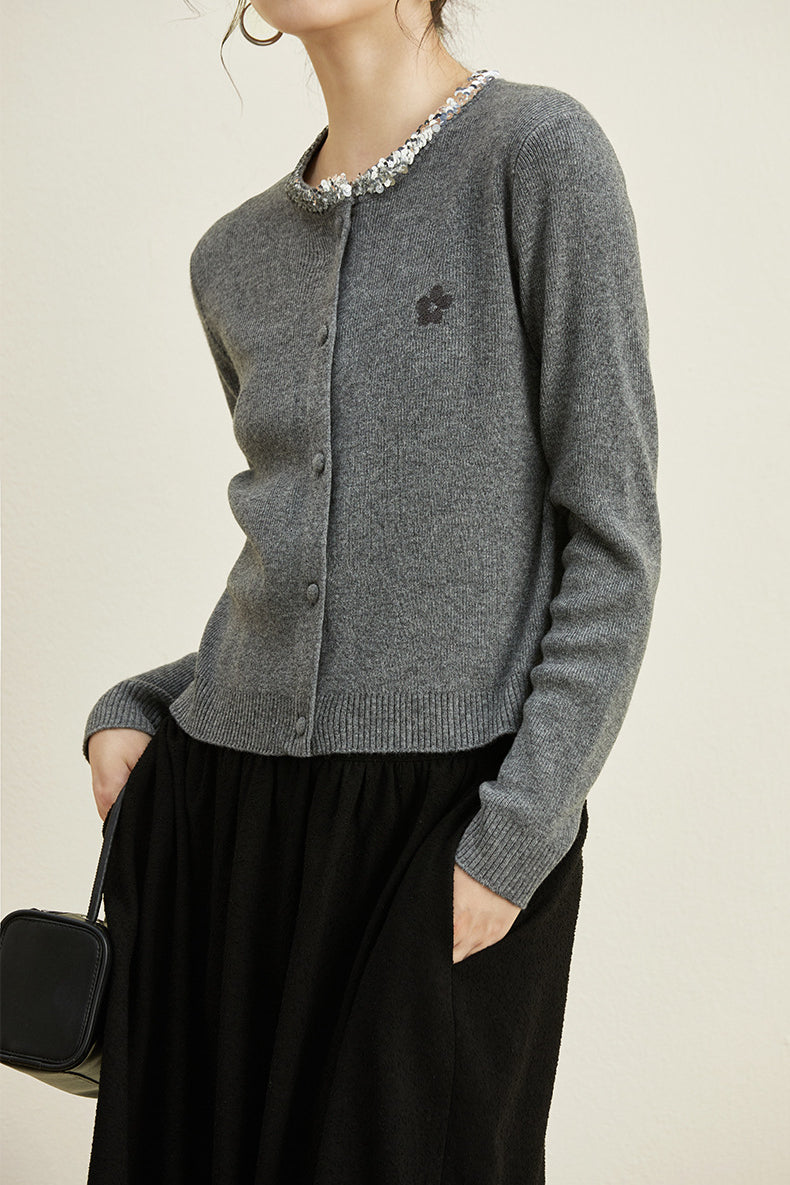 Rundhals-Pailletten-Strickcardigan