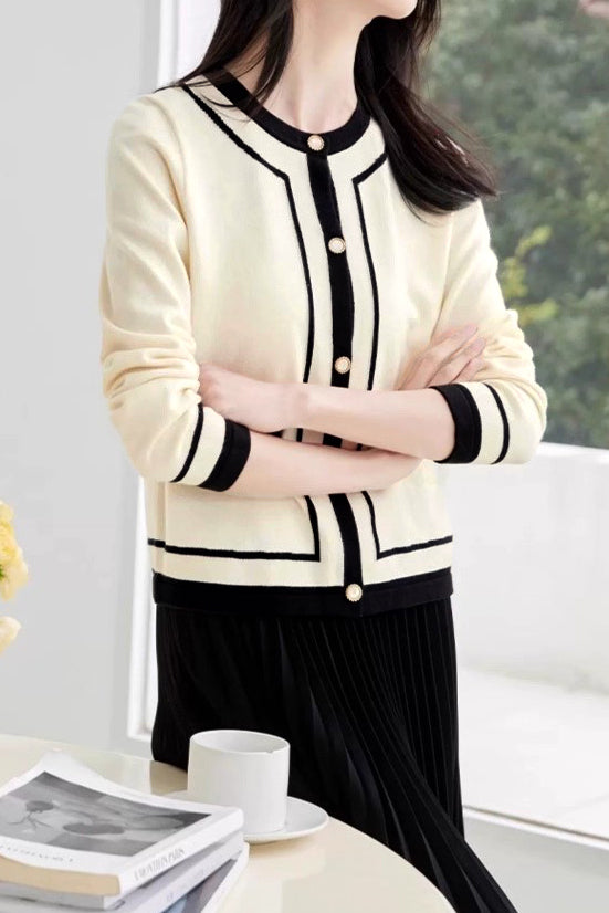 Eleganter lockerer, farbblockierter, einreihiger Knopf-Cardigan mit langen Ärmeln