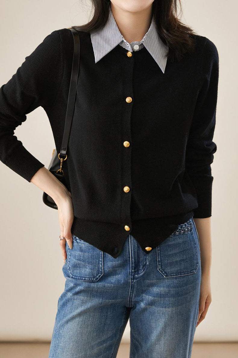 Schicht-Look Hemdkragen Gestreifter Kontrast Strick Cardigan - 3 Farben verfügbar