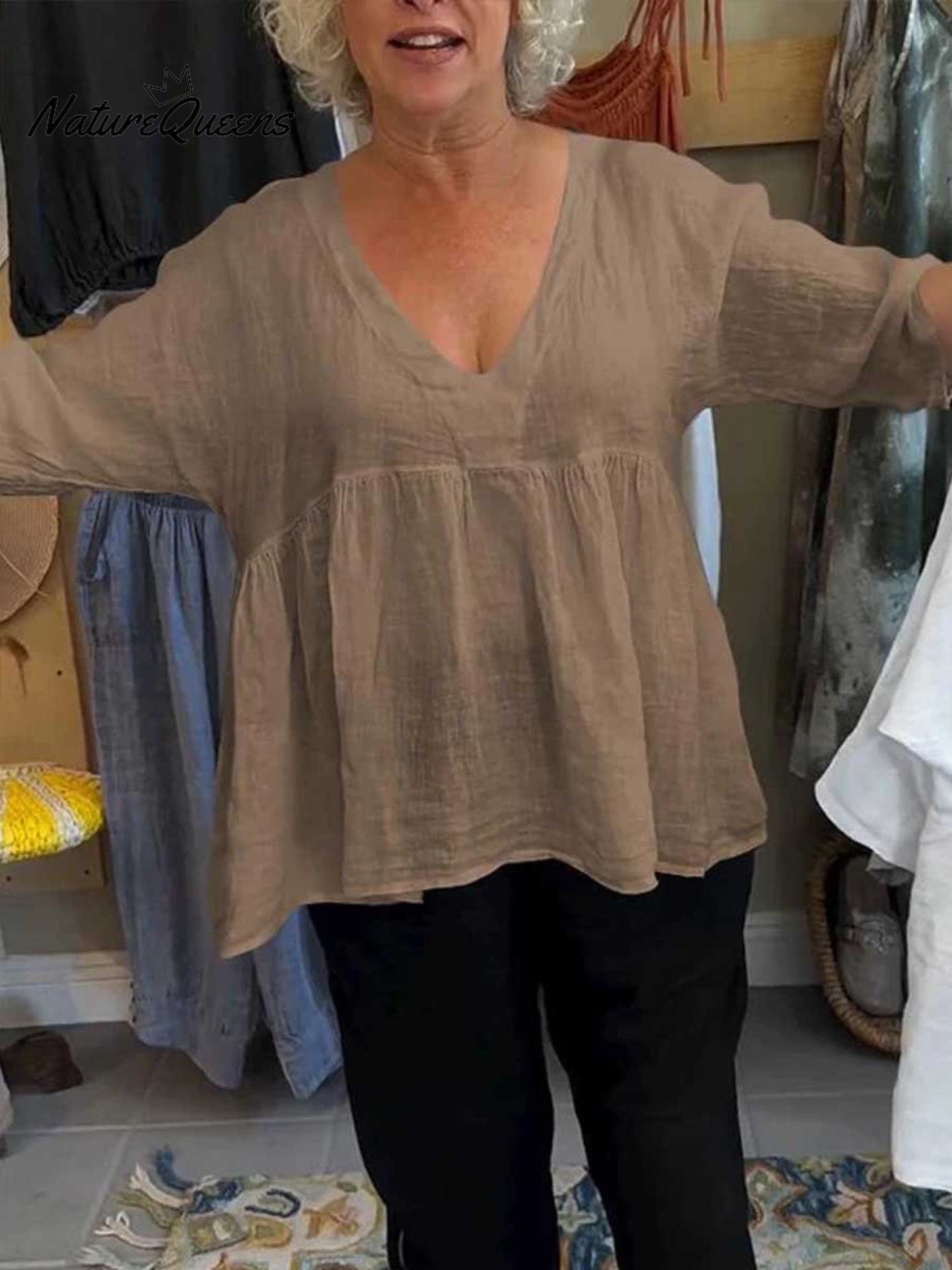 Nadia™ V-Ausschnitt Baumwoll-Leinen-Hemd