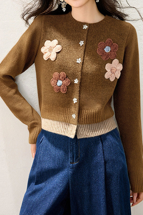 Eleganter Retro 3D Blumen Strick Cardigan