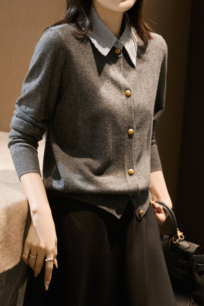 Schicht-Look Hemdkragen Gestreifter Kontrast Strick Cardigan - 3 Farben verfügbar