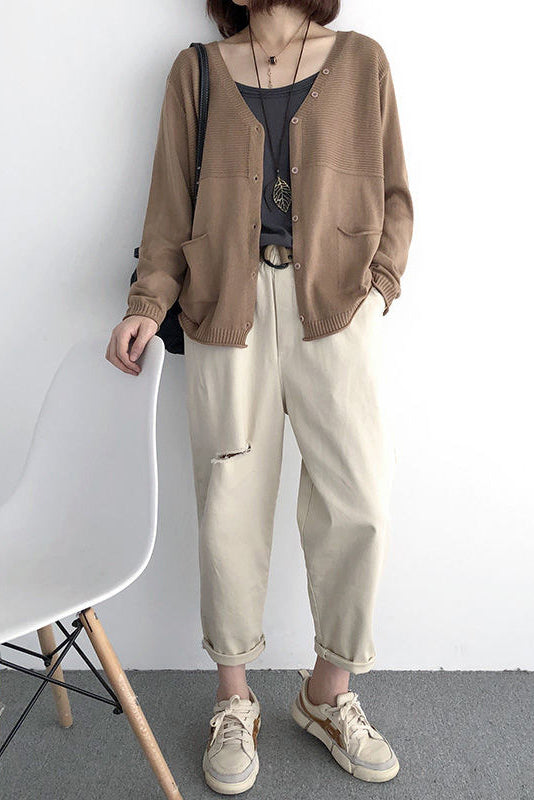 V-Ausschnitt Rippenstrick-Cardigan mit Kontrast - 5 Farben verfügbar