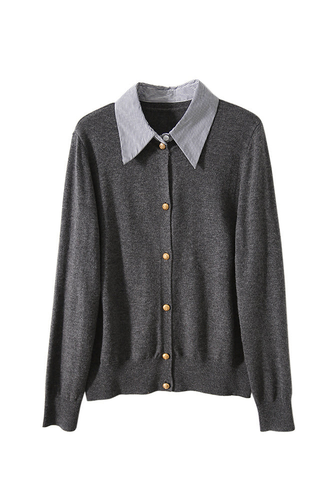 Schicht-Look Hemdkragen Gestreifter Kontrast Strick Cardigan - 3 Farben verfügbar