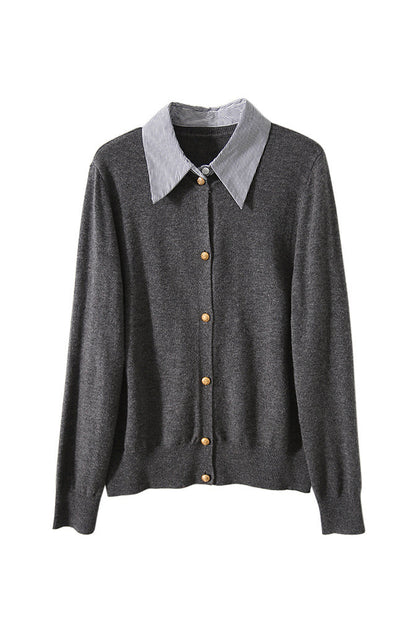Schicht-Look Hemdkragen Gestreifter Kontrast Strick Cardigan - 3 Farben verfügbar