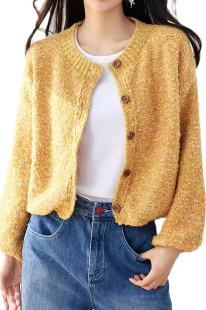 Gelber Oversized Rundhals-Kardigan mit einem Knopf