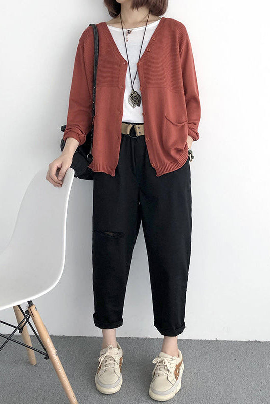 V-Ausschnitt Rippenstrick-Cardigan mit Kontrast - 5 Farben verfügbar