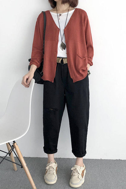 V-Ausschnitt Rippenstrick-Cardigan mit Kontrast - 5 Farben verfügbar