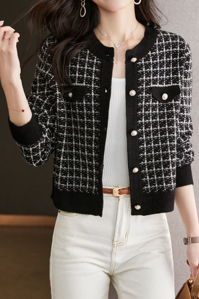 Frühherbst Karierte Textur Strickjacke