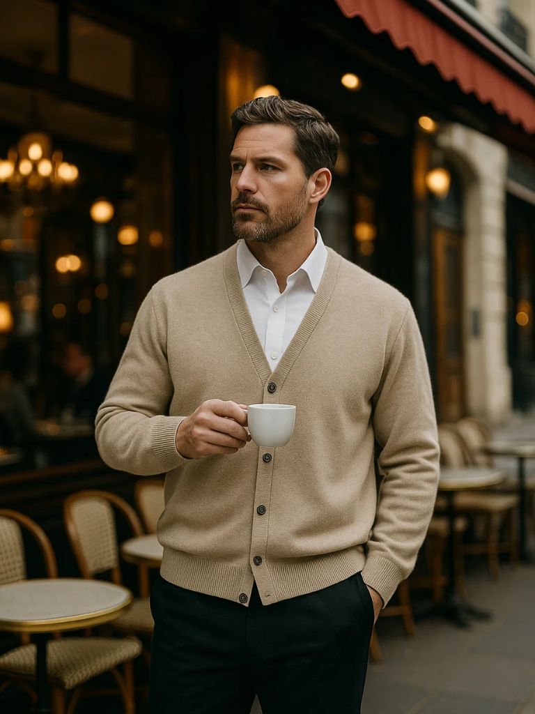 100% Eleganter Merinowoll-Strick-Cardigan mit V-Ausschnitt - Cross & Crown