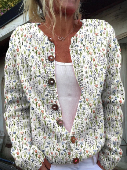 Frühling Wiesen Floral Wiederholungsmuster Gedruckter Knopf-Cardigan Pullover