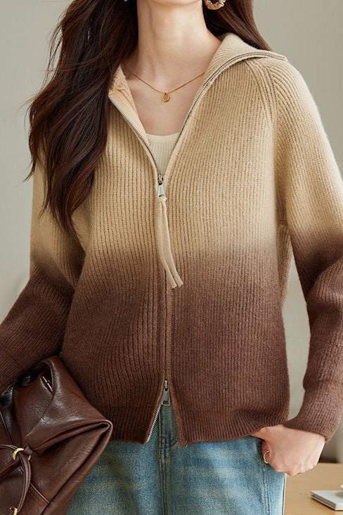 Mode Farbverlauf Farbe Doppelreißverschluss Cardigan