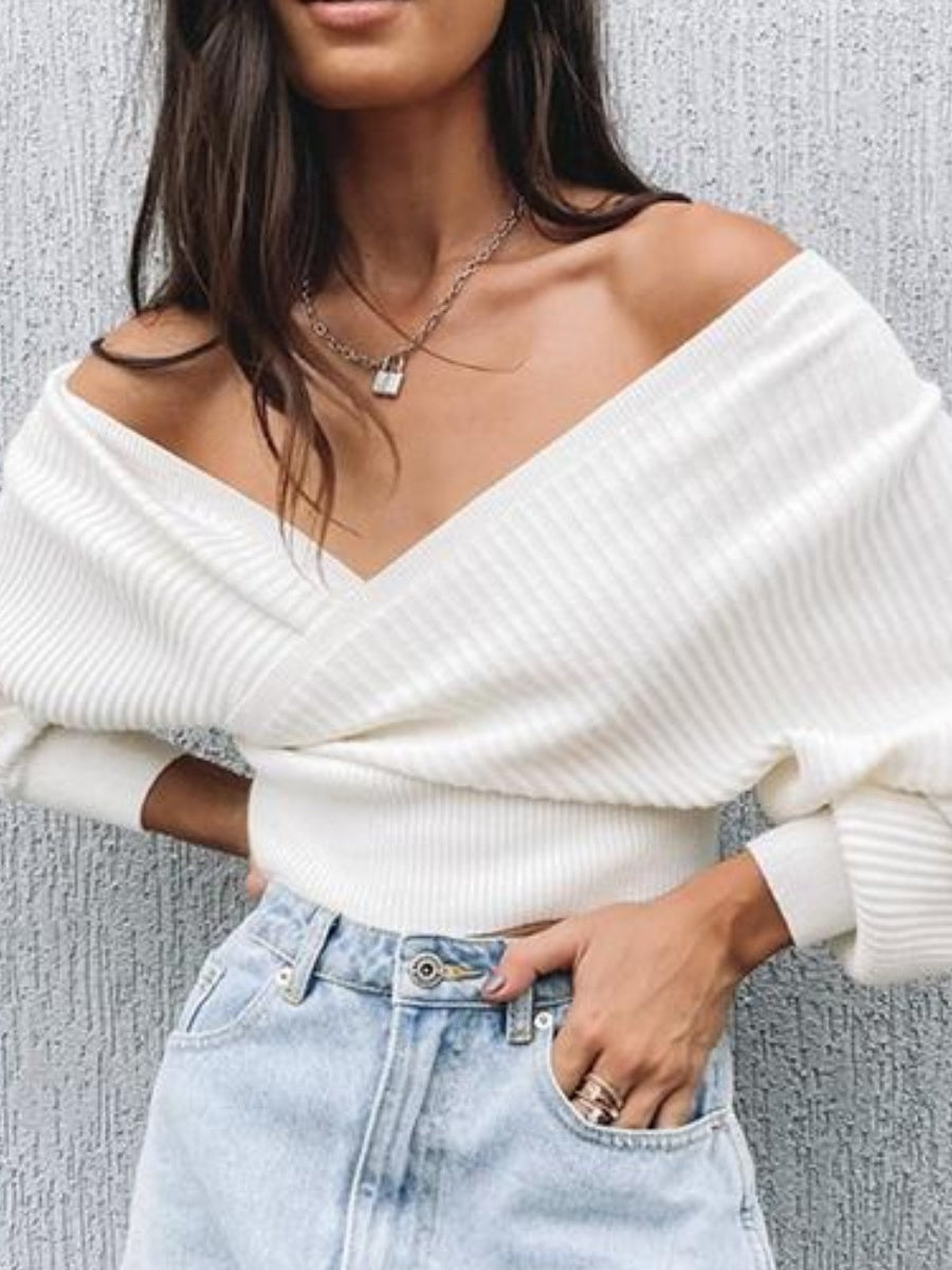 Liber Autumn Damenbekleidung Kreuzdesign Einfache Stickerei V-Ausschnitt einfarbiger Pullover langärmeliger Pullover