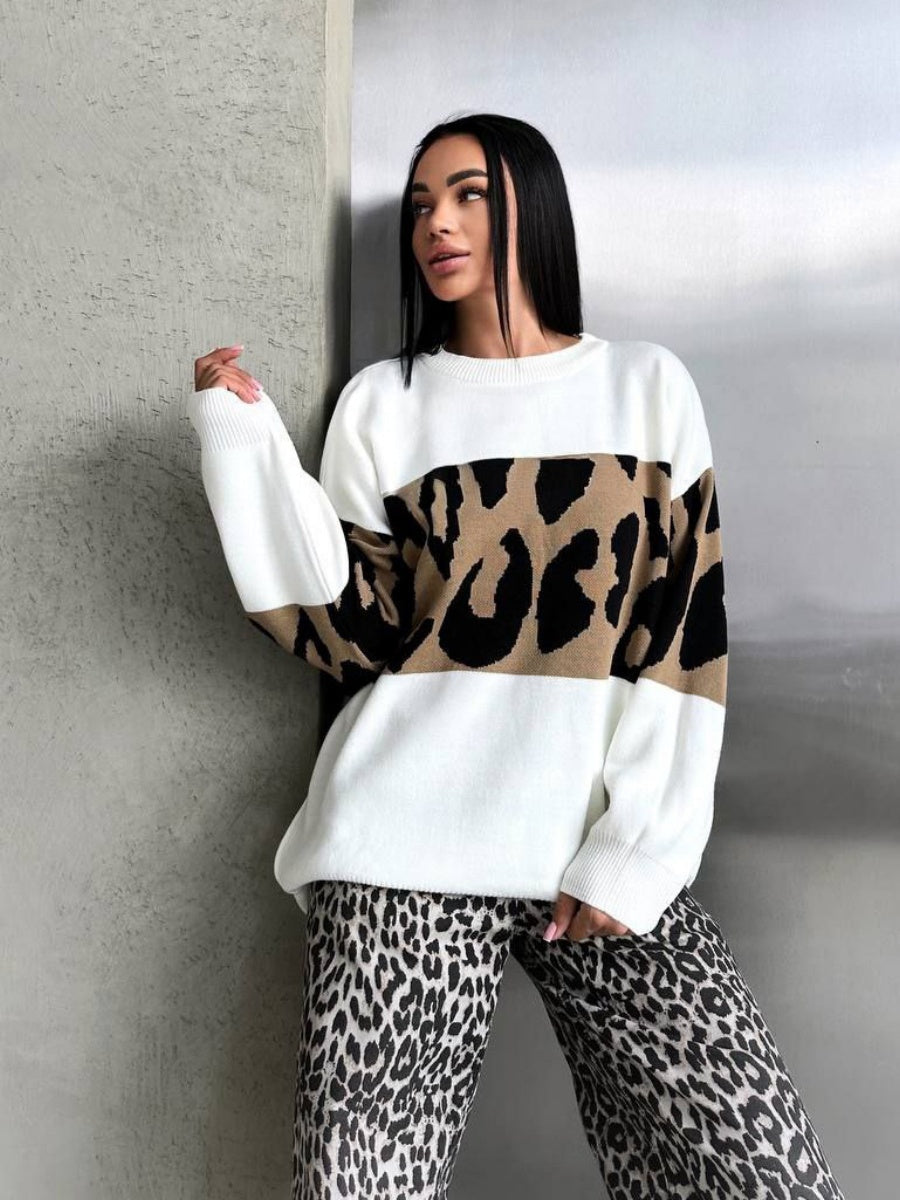 Liber Autumn Damen Leopardenmuster Kleidung Raglanärmel paneelierter Pullover