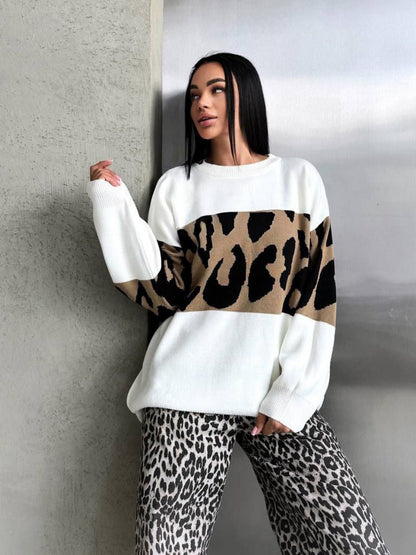 Liber Autumn Damen Leopardenmuster Kleidung Raglanärmel paneelierter Pullover