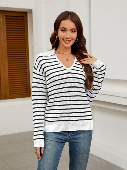 Liber Autumn Damen V-Ausschnitt Kontrastfarben Streifen Jacke Wolle