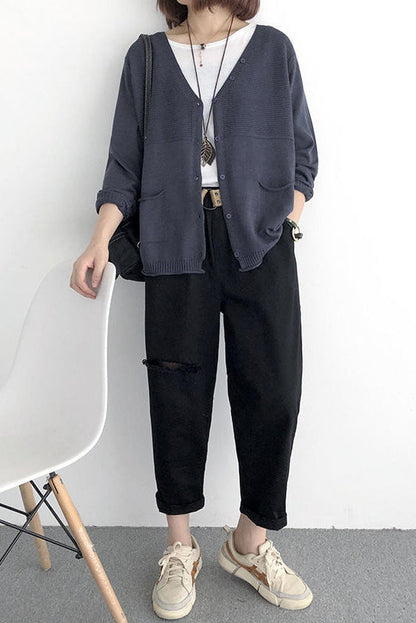 V-Ausschnitt Rippenstrick-Cardigan mit Kontrast - 5 Farben verfügbar