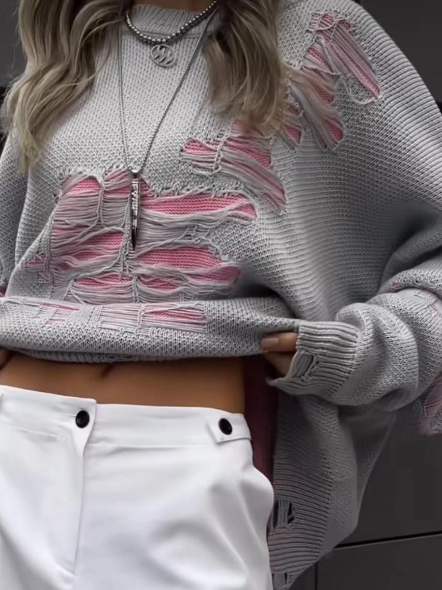 Liber Autumn Damen Kontrastfarbe zerrissener Patchwork Pullover