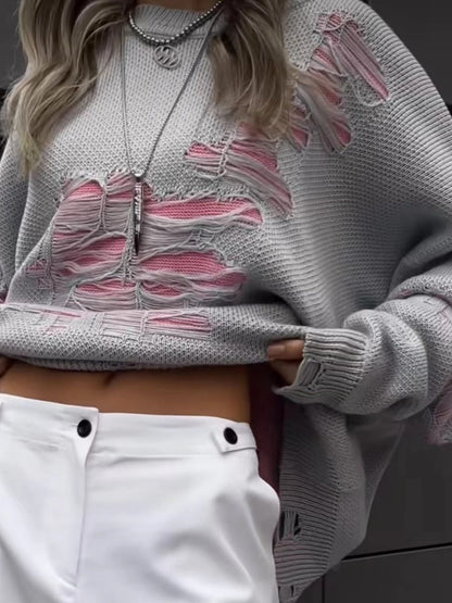 Liber Autumn Damen Kontrastfarbe zerrissener Patchwork Pullover