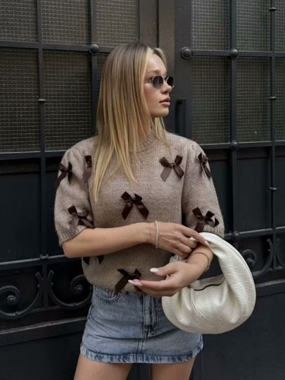 Schnürung 3D Schleife Kurzarm Strickpullover