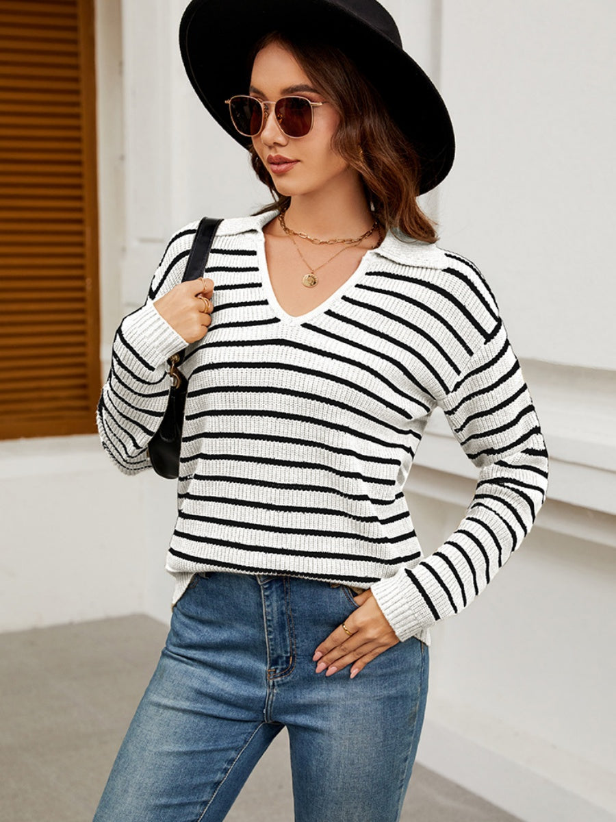 Liber Autumn Damen V-Ausschnitt Kontrastfarben Streifen Jacke Wolle