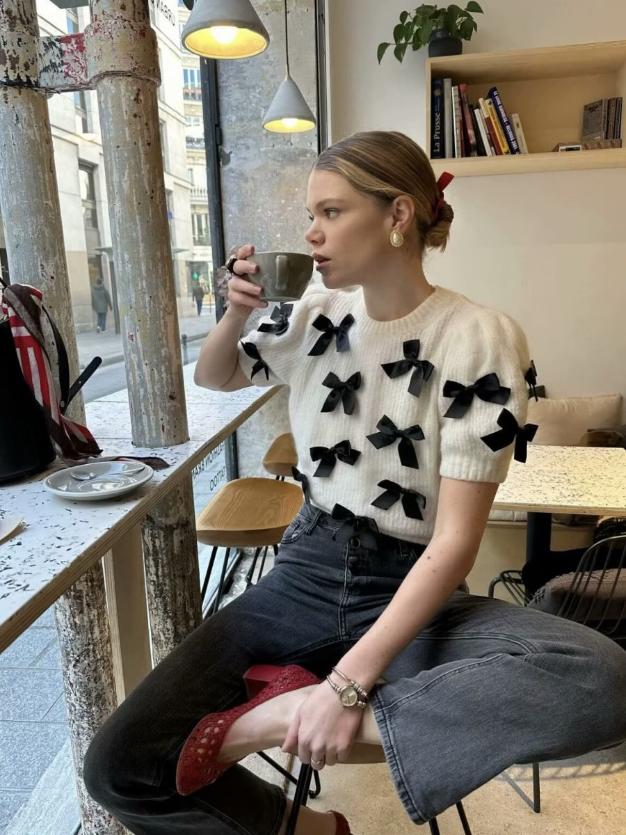 Schnürung 3D Schleife Kurzarm Strickpullover