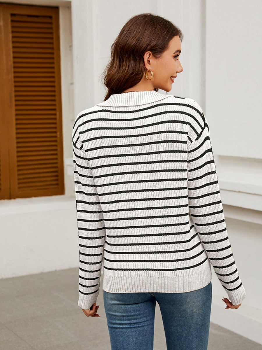 Liber Autumn Damen V-Ausschnitt Kontrastfarben Streifen Jacke Wolle