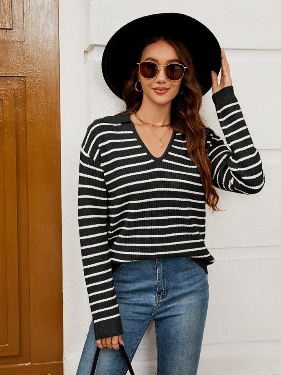 Liber Autumn Damen V-Ausschnitt Kontrastfarben Streifen Jacke Wolle