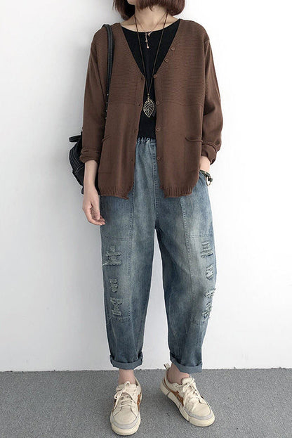 V-Ausschnitt Rippenstrick-Cardigan mit Kontrast - 5 Farben verfügbar