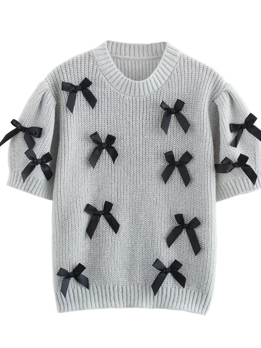 Schnürung 3D Schleife Kurzarm Strickpullover