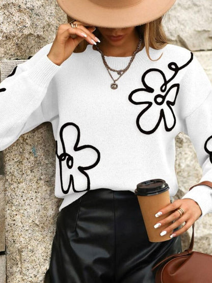 3D-Effekt Blumenmuster Rundhals Pullover