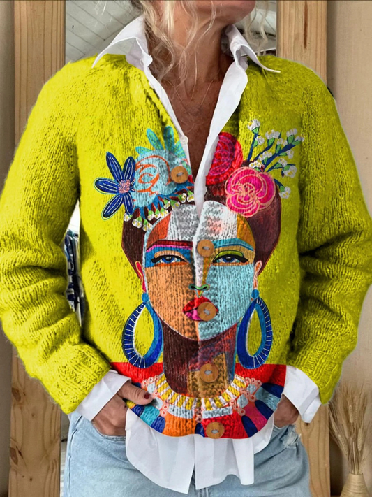 Ölgemälde Freda Porträt Kunst Bedruckte Knopf-Cardigan-Strickjacke