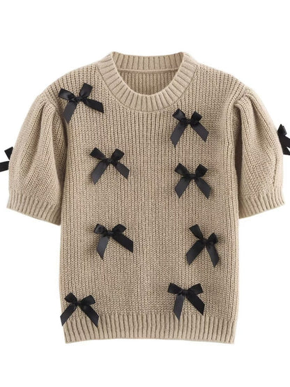 Schnürung 3D Schleife Kurzarm Strickpullover