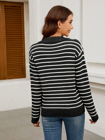 Liber Autumn Damen V-Ausschnitt Kontrastfarben Streifen Jacke Wolle