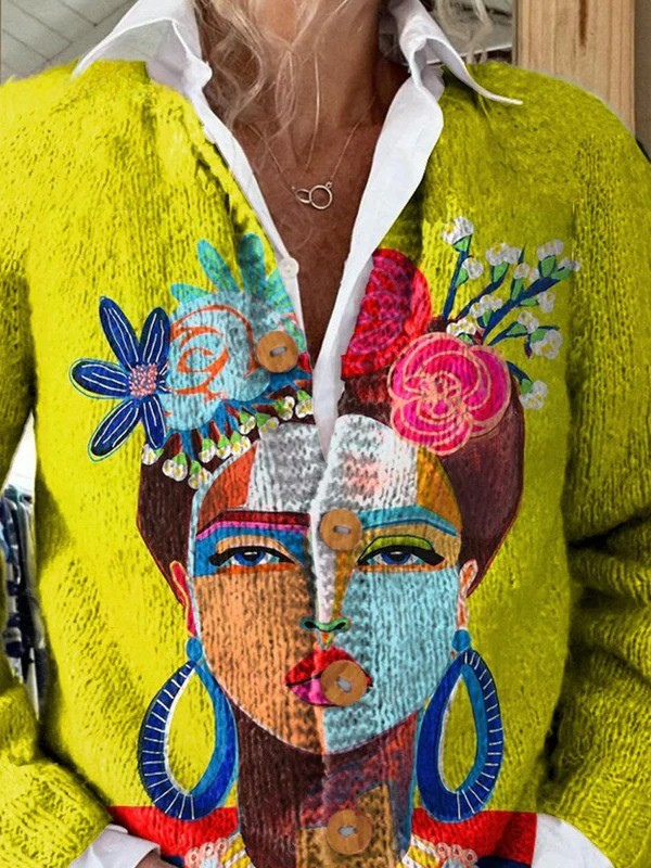 Ölgemälde Freda Porträt Kunst Bedruckte Knopf-Cardigan-Strickjacke